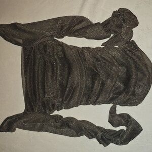 Hot Mesh Panel Ruched Glitter Date Night TopsSheer Long Sleeve Top